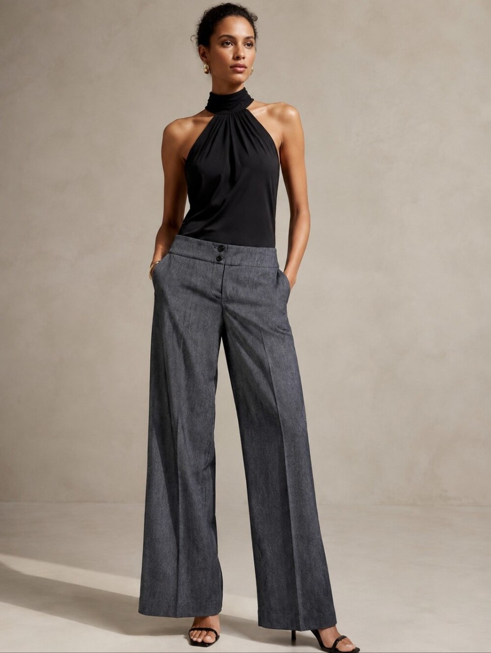 ❤️ SANDRO SPORTSWEAR CHAMRAY WIDE LEG TROUSERS / PANTS, 16 (33)